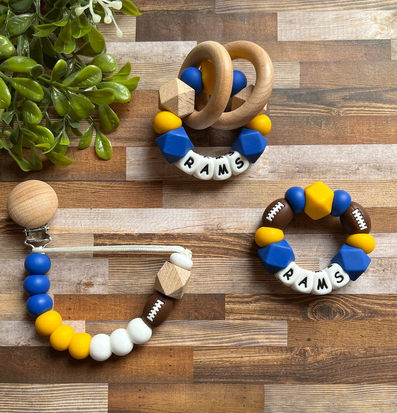 Los Angeles Rams Toy Collection - Pacifier Clip - Rattle - Go Rams - Baby Rams Rattle - Blue - Yellow - Football - Baby Gift - Football
