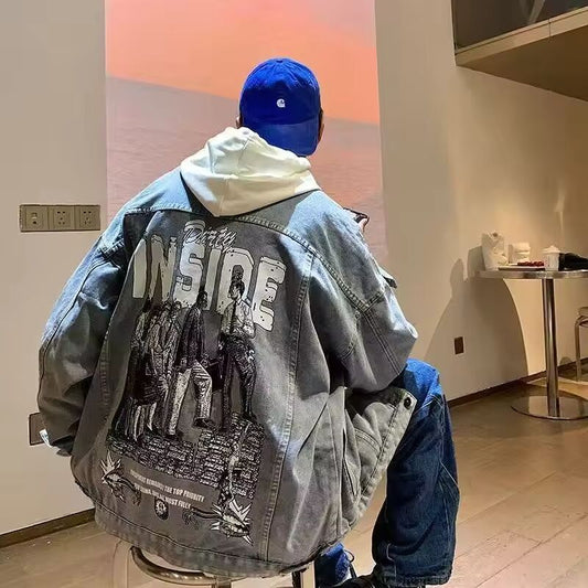 2025 American New Fashion Oversized Printed Denim Jacket Male Y2K Harajuku Vibe Street Casual Joker Couple Denim Jacket Coats