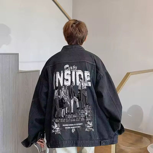 2025 American New Fashion Oversized Printed Denim Jacket Male Y2K Harajuku Vibe Street Casual Joker Couple Denim Jacket Coats